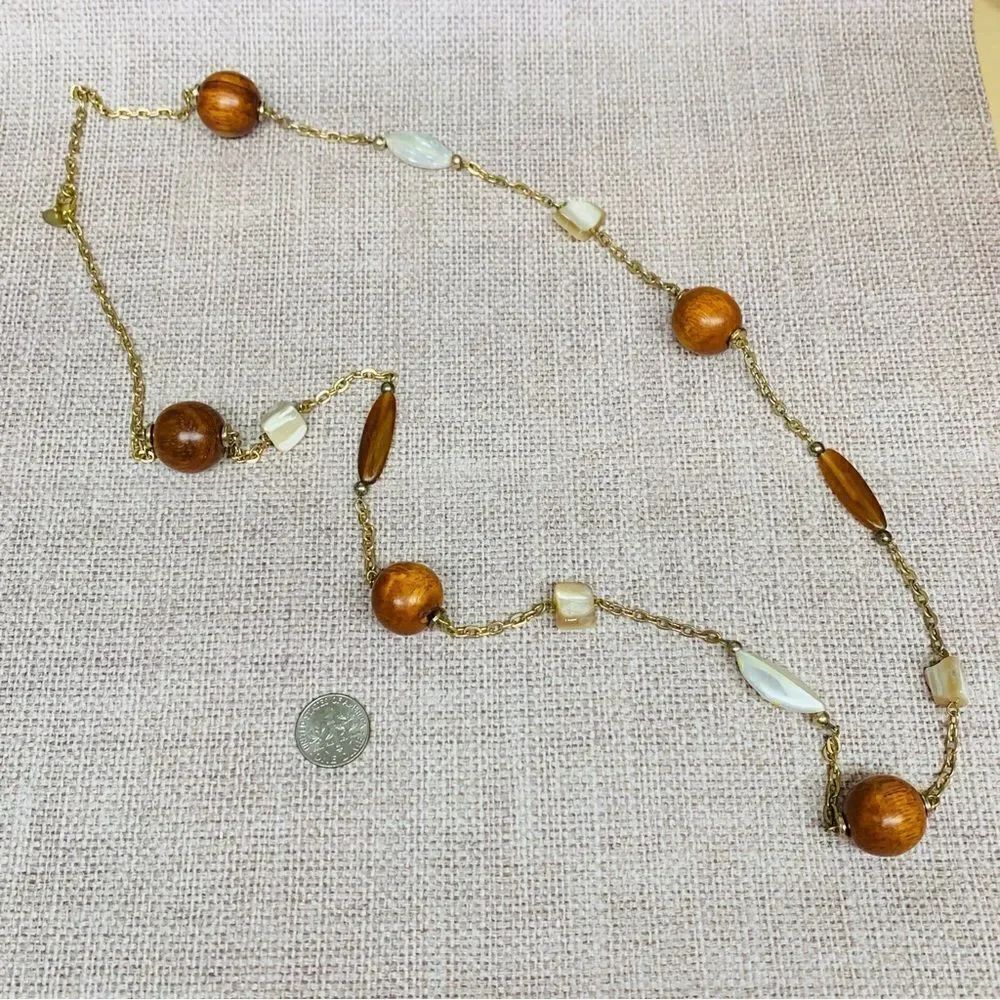 Cookie Lee Wood and Shell Bead Gold Station Necklace